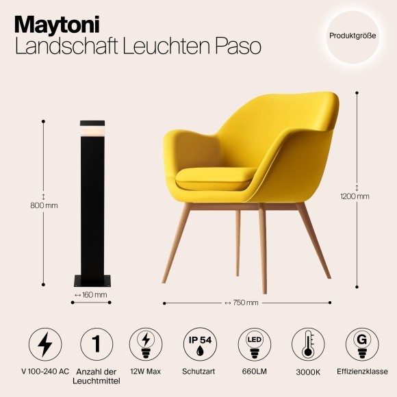 Уличный наземный светильник Maytoni O595FL-L12B3K Paso IP54 светодиодный LED 12W