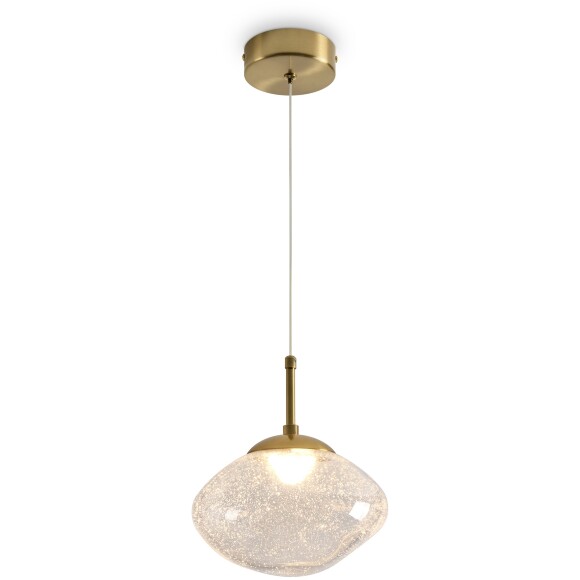 Freya Mote FR5601PL-01TR Светильник светодиодный подвесной, декоративный интерьерный подвес с металлом цвета латунь, плафон 19,5см стекло прозрачное с вкраплениями, CCT перекл. цветовой температуры на драйвере, LED 5Вт 2700;3000;4000К CRI80 360° IP20 220V