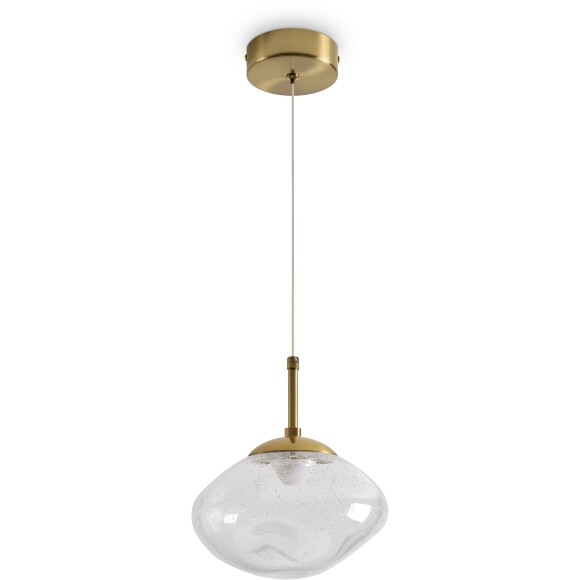Freya Mote FR5601PL-01TR Светильник светодиодный подвесной, декоративный интерьерный подвес с металлом цвета латунь, плафон 19,5см стекло прозрачное с вкраплениями, CCT перекл. цветовой температуры на драйвере, LED 5Вт 2700;3000;4000К CRI80 360° IP20 220V