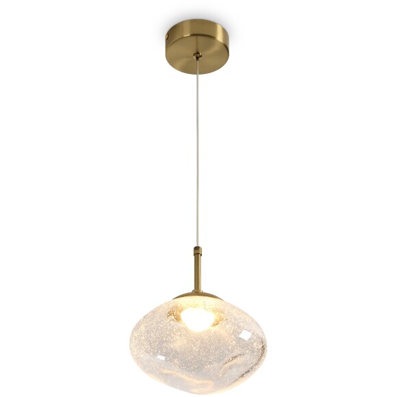Freya Mote FR5601PL-01TR Светильник светодиодный подвесной, декоративный интерьерный подвес с металлом цвета латунь, плафон 19,5см стекло прозрачное с вкраплениями, CCT перекл. цветовой температуры на драйвере, LED 5Вт 2700;3000;4000К CRI80 360° IP20 220V