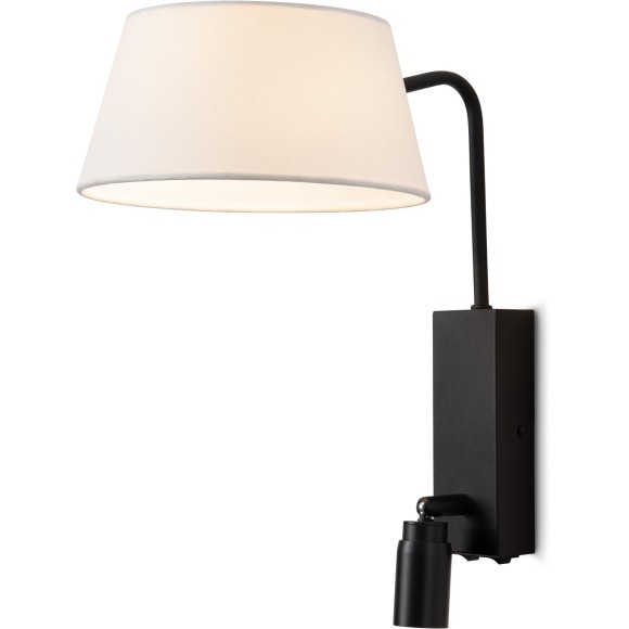 Freya Flint FR2066WL-L40B Классическое бра с LED-подсветкой, 1xE14, подсветка: 3000К, CRI 80, 200Лм, 180°, 220V, основание черный металл, белый тканевый абажур, 2 выключателя на основании, в комплекте провод в розетку