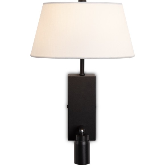 Freya Flint FR2066WL-L40B Классическое бра с LED-подсветкой, 1xE14, подсветка: 3000К, CRI 80, 200Лм, 180°, 220V, основание черный металл, белый тканевый абажур, 2 выключателя на основании, в комплекте провод в розетку