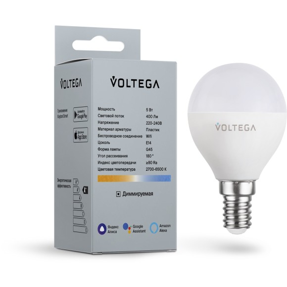 Лампа со SMART управлением по Wi-Fi, DIM, E14 5W 2700-6500K 80RA 180° 400лм Voltega 2428 Лампа со SMART управлением по Wi-Fi, DIM, E14 5W 2700-6500K 80RA 180° 400лм Voltega 2428