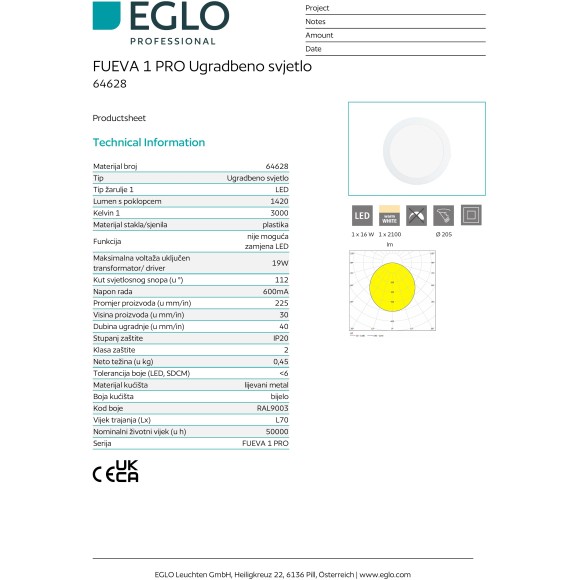 64628 EGLO FUEVA 1 PRO (Фуэва 1 Про) встраиваемый светодиодный светильник 16 Вт, 2100 лм, 3000 К, белый, IP20, Ø225 мм