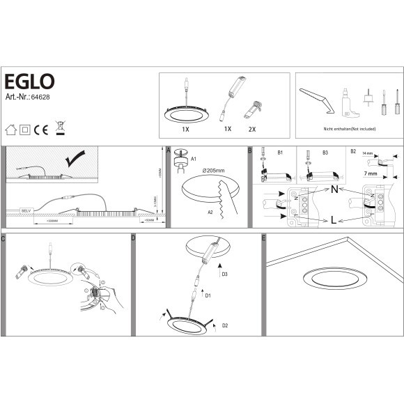 64628 EGLO FUEVA 1 PRO (Фуэва 1 Про) встраиваемый светодиодный светильник 16 Вт, 2100 лм, 3000 К, белый, IP20, Ø225 мм