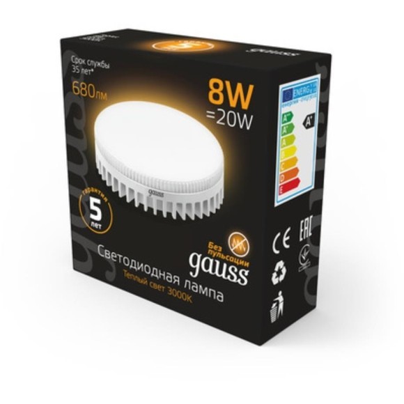 108008108 Лампа Gauss LED GX53 8W 680lm 3000K 1/10/100 108008108 Лампа Gauss LED GX53 8W 680lm 3000K 1/10/100