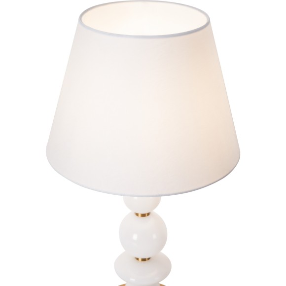 Freya Lucente FR2064TL-01BS Классический настольный светильник, лампа 1xE14 до 40 Вт, металл цвета латунь, белый тканевый абажур диаметром  28 см и стеклянный декор, выключатель на проводе в розетку