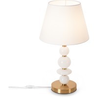Freya Lucente FR2064TL-01BS Классический настольный светильник, лампа 1xE14 до 40 Вт, металл цвета латунь, белый тканевый абажур диаметром  28 см и стеклянный декор, выключатель на проводе в розетку