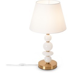 Freya Lucente FR2064TL-01BS Классический настольный светильник, лампа 1xE14 до 40 Вт, металл цвета латунь, белый тканевый абажур диаметром  28 см и стеклянный декор, выключатель на проводе в розетку