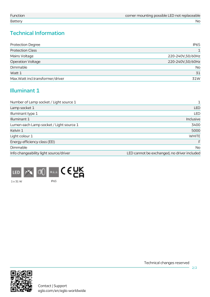 Уличный прожектор EGLO FAEDO 3 97457, встроенный LED 31Вт, 5000К, 3400Лм, IP65, длина 175 мм, высота 135 мм, вынос 30 мм