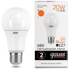 23219 Лампа Gauss LED Elementary A60 20W E27 1520lm 3000K 1/10/40 23219 Лампа Gauss LED Elementary A60 20W E27 1520lm 3000K 1/10/40