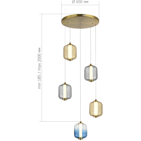 SL1193.303.05 Светильник подвесной ST-Luce Латунь/Янтарный,Дымчатый,Голубой LED 5*10W 3000K SUMMER SL1193.303.05 Светильник подвесной ST-Luce Латунь/Янтарный,Дымчатый,Голубой LED 5*10W 3000K SUMMER