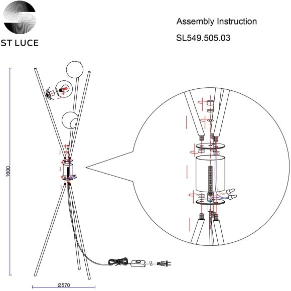 SL549.505.03 Торшер ST-Luce Черный/Коньячный E27 3*40W STAMPO