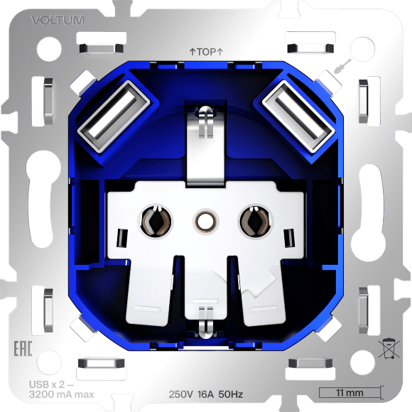 Механизм розетки с заземлением и защитными шторками 16А, с USB A+A, S70