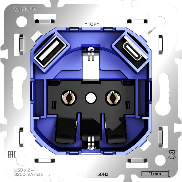 Механизм розетки с заземлением и защитными шторками 16А, с USB A+C, S70