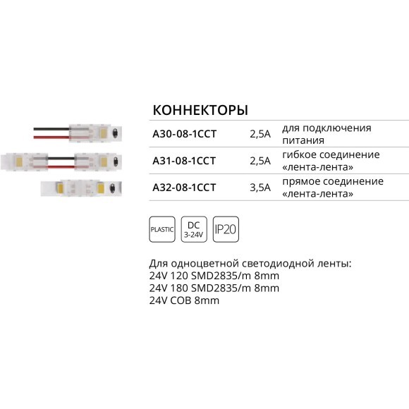 Коннектор (5 шт) ввода питания для 8мм светодиодной ленты Arte Lamp STRIP-ACCESSORIES A30-08-1CCT