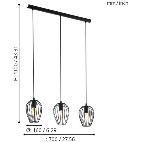 49478 Подвес NEWTOWN, 3x60W (E27), L700, H1100, сталь, черный