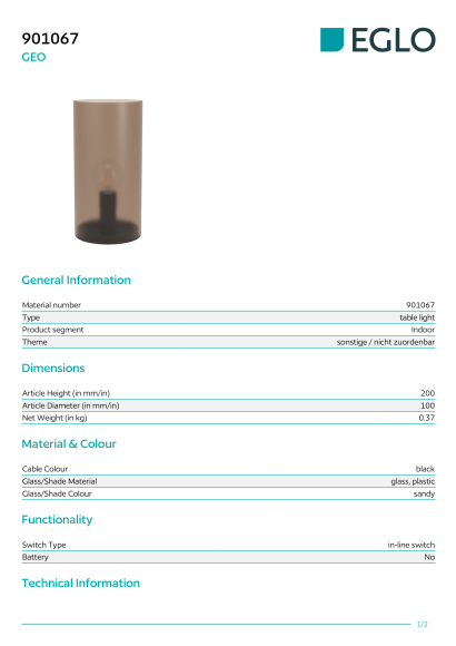 Настольная лампа EGLO GEO 901067 под лампу E14, макс. 40Вт, плафон песочного цвета из стекла и пластика, диаметр 100 мм, высота 200 мм, выключатель на проводе, подключение 220В