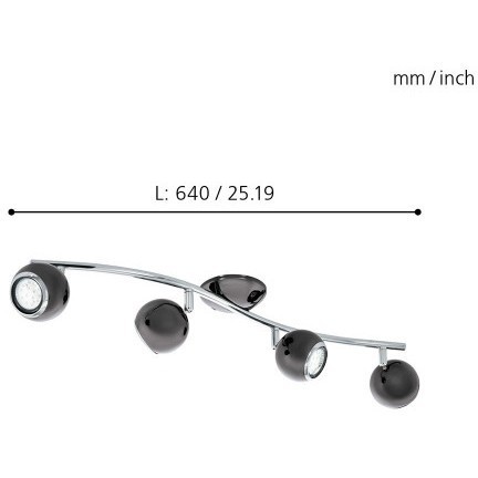 Накладной потолочный спот EGLO BIMEDA 31008 на 4 лампы GU10 LED, 2,8Вт, 3000К, 1000Лм, стальной корпус никель-черного и хромированного цвета, 640 × 100 × 145 мм, IP20, подключение 220В