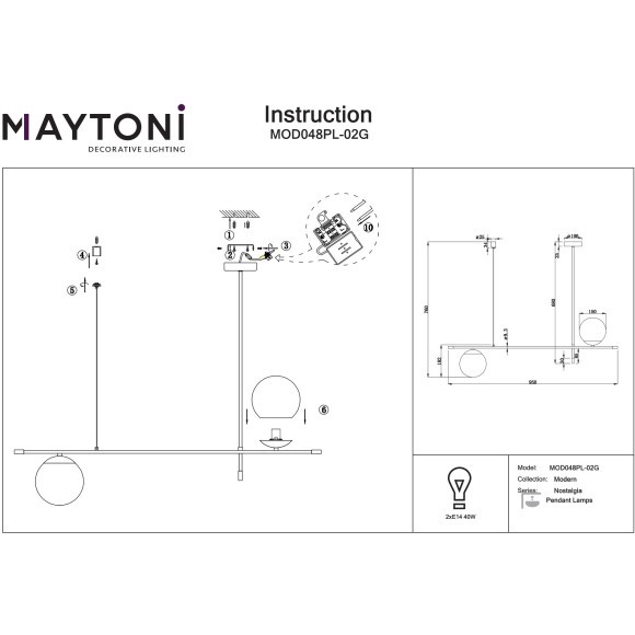 MOD048PL-02G Подвесной светильник без регулировки высоты с 2 лампами Е14 Maytoni Nostalgia