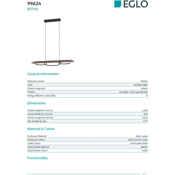 Eglo Boyal 99624 Диммируемый подвесной потолочный LED-светильник-люстра в стиле эко-лофт, (12.5+12.5)+15.5 Вт, 3000К, CRI90, 3600+2250лм, 220В, раздельное включение, материалы - дерево, черная сталь и белые керамические рассеиватели