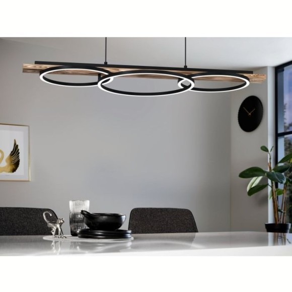 Eglo Boyal 99624 Диммируемый подвесной потолочный LED-светильник-люстра в стиле эко-лофт, (12.5+12.5)+15.5 Вт, 3000К, CRI90, 3600+2250лм, 220В, раздельное включение, материалы - дерево, черная сталь и белые керамические рассеиватели