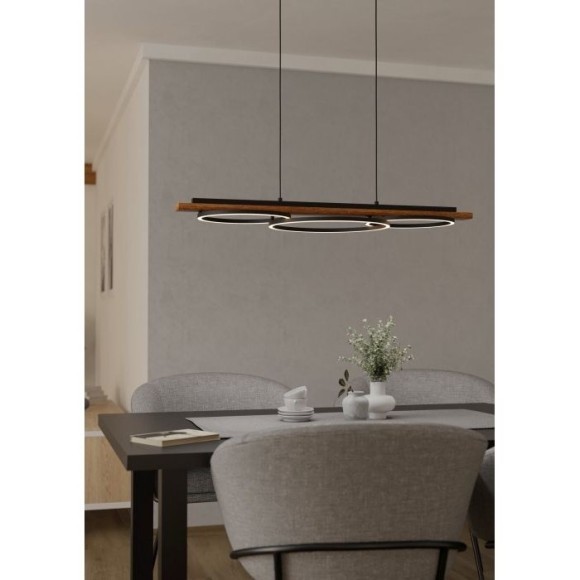 Eglo Boyal 99624 Диммируемый подвесной потолочный LED-светильник-люстра в стиле эко-лофт, (12.5+12.5)+15.5 Вт, 3000К, CRI90, 3600+2250лм, 220В, раздельное включение, материалы - дерево, черная сталь и белые керамические рассеиватели