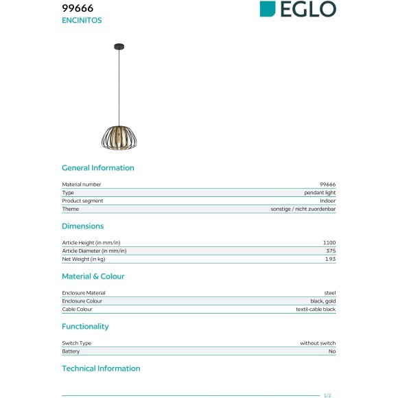 99666 EGLO ENCINITOS (Энсинитос) подвесной светильник, 1×E27 до 40 Вт, черный с золотом, IP20, Ø375×1100 мм