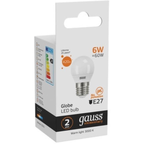 53216 Лампа Gauss LED Elementary Шар 6W E27 420lm 3000K 1/10/100