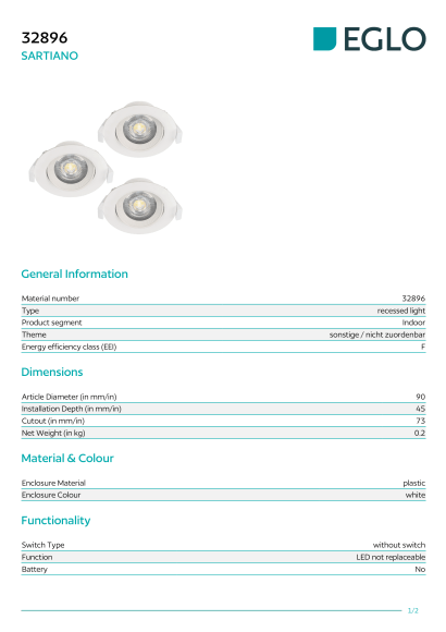 Белый комплект встраиваемых поворотных светильников EGLO SARTIANO 32896, встроенный LED 3×5Вт, 3000К, подключение 220В, диаметр 90 мм, врезное отверстие 73 мм, глубина встраивания 45 мм